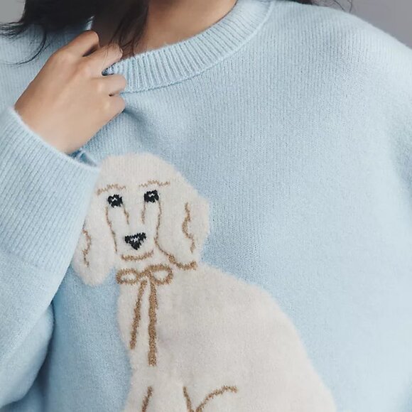 Anthropologie POODLE Maeve DOG ICON sweater light blue crew neck Pullover M NWT - Picture 14 of 14